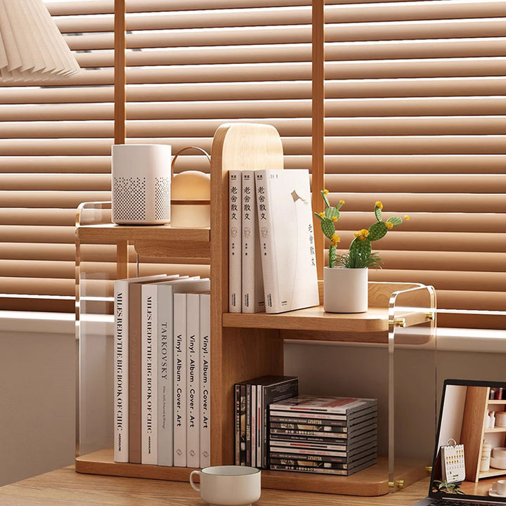 Étagère de bureau rectangulaire arrondie en bois d’ingénierie et acrylique, minimaliste moderne, avec 3 niveaux de rangement pour bureau à domicile et chambre 