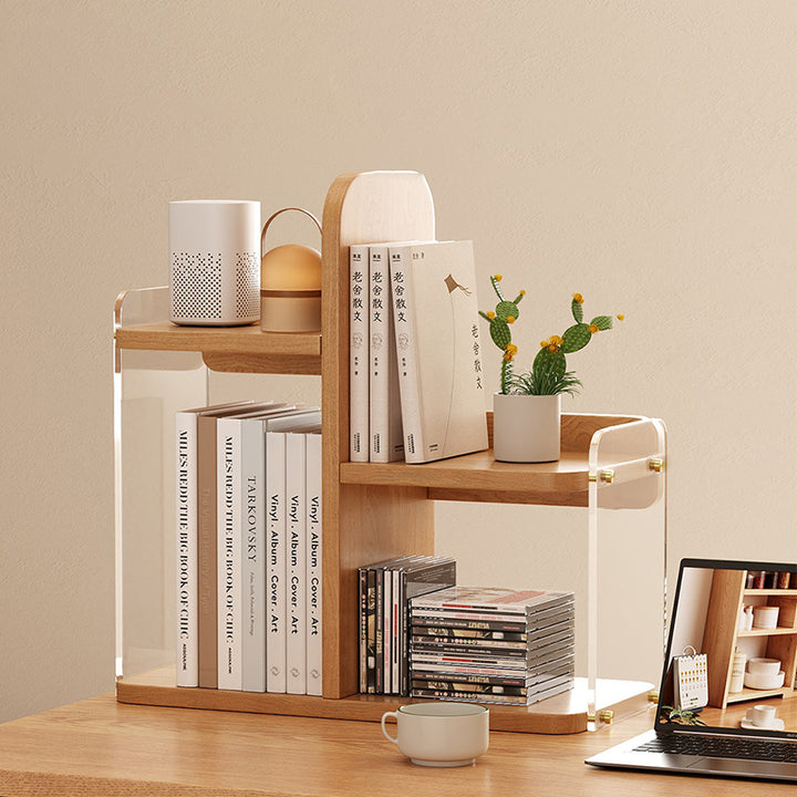 Étagère de bureau rectangulaire arrondie en bois d’ingénierie et acrylique, minimaliste moderne, avec 3 niveaux de rangement pour bureau à domicile et chambre 