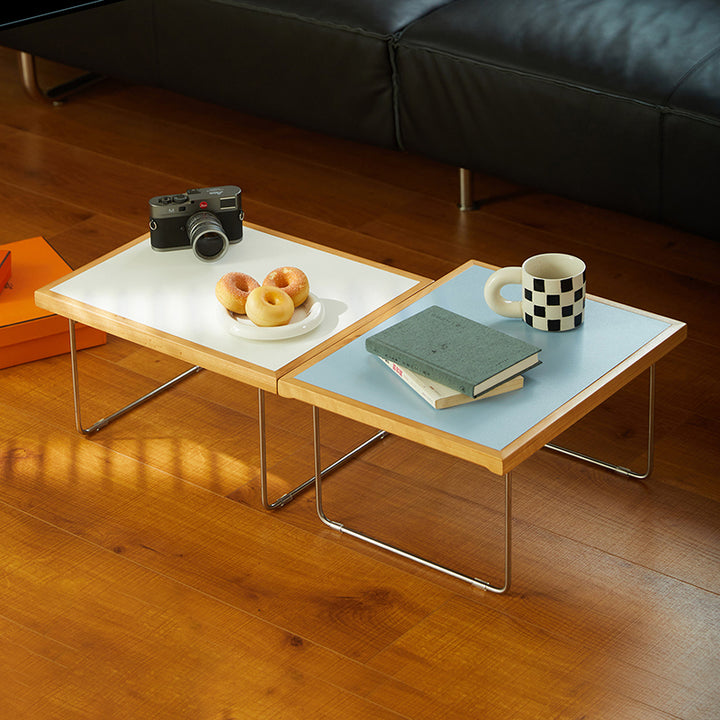 Table basse rectangulaire pliante moderne minimaliste en bois d’ingénierie, acier inoxydable et hêtre pour salon et chambre à coucher 