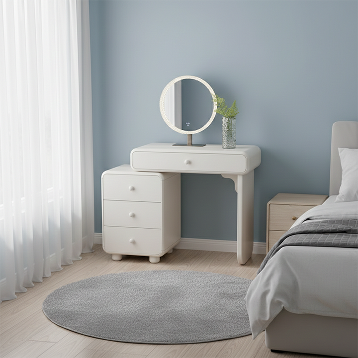 Cream Style Vanity Desk With Expandable Drawer Cabinet - Modern Minimalist MDF Particle Board Bedroom Makeup Vanity With 4 Drawers