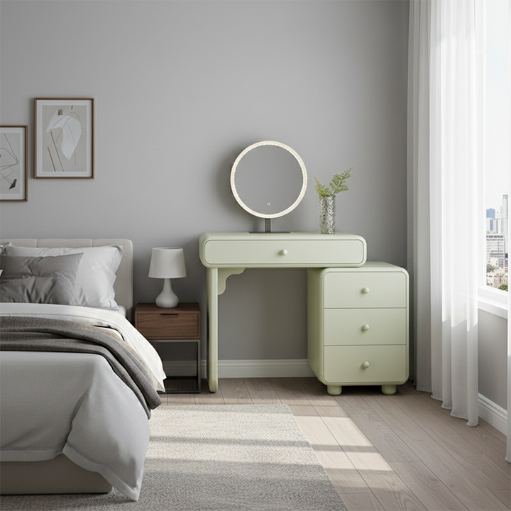 Cream Style Vanity Desk With Expandable Drawer Cabinet - Modern Minimalist MDF Particle Board Bedroom Makeup Vanity With 4 Drawers