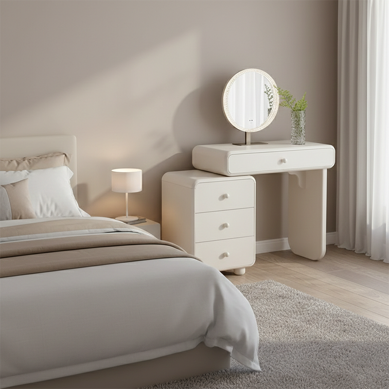Cream Style Vanity Desk With Expandable Drawer Cabinet - Modern Minimalist MDF Particle Board Bedroom Makeup Vanity With 4 Drawers