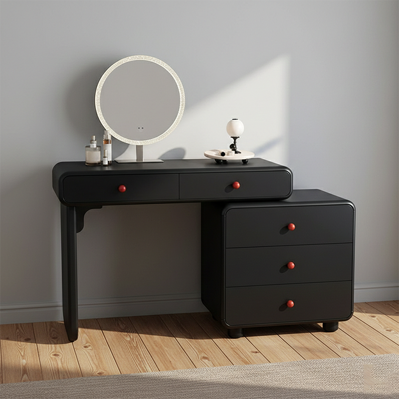 Modern Minimalist Vanity Desk With Expandable Drawer Cabinet - MDF &amp; Solid Particle Board Makeup Vanity With 5 Drawer For Bedroom