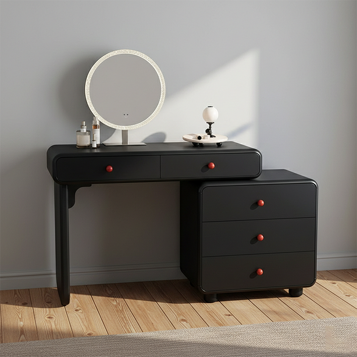 Modern Minimalist Vanity Desk With Expandable Drawer Cabinet - MDF &amp; Solid Particle Board Makeup Vanity With 5 Drawer For Bedroom