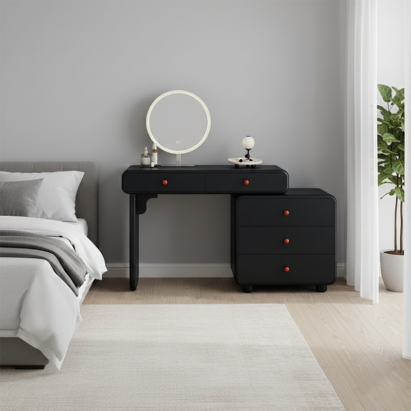 Modern Minimalist Vanity Desk With Expandable Drawer Cabinet - MDF &amp; Solid Particle Board Makeup Vanity With 5 Drawer For Bedroom