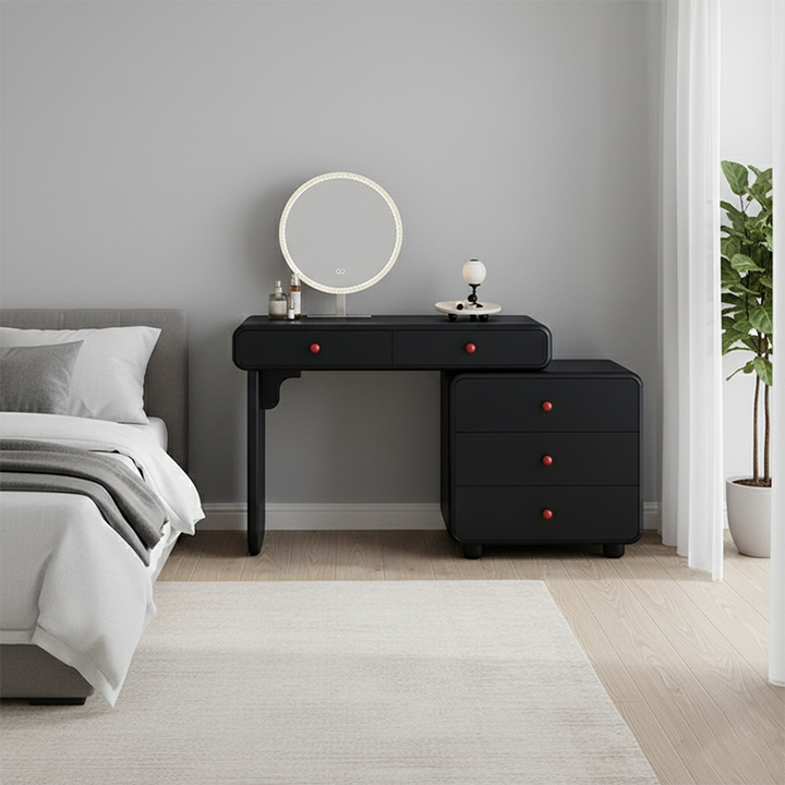 Modern Minimalist Vanity Desk With Expandable Drawer Cabinet - MDF &amp; Solid Particle Board Makeup Vanity With 5 Drawer For Bedroom