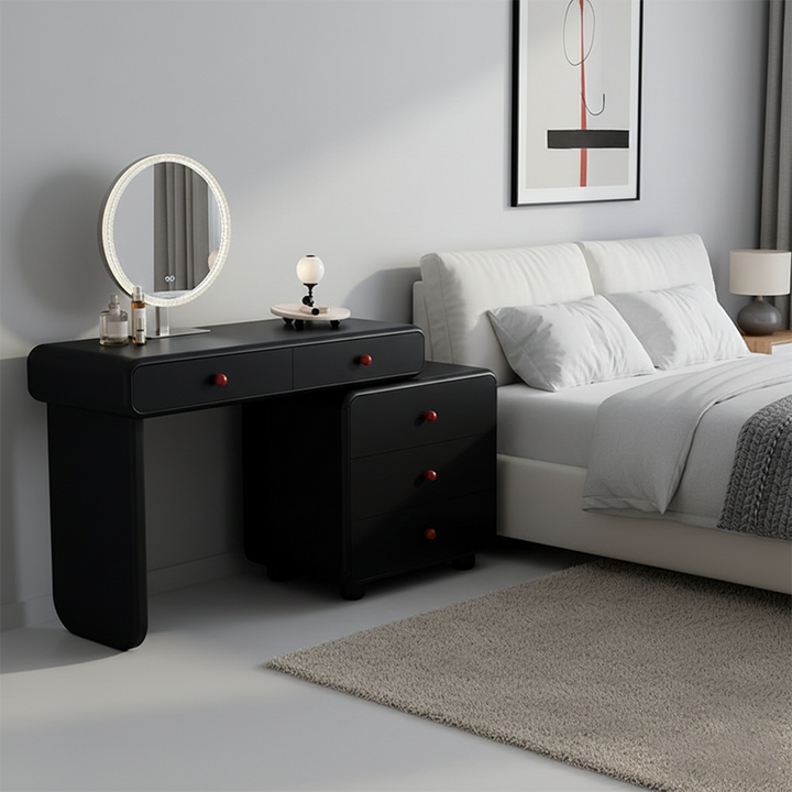 Modern Minimalist Vanity Desk With Expandable Drawer Cabinet - MDF &amp; Solid Particle Board Makeup Vanity With 5 Drawer For Bedroom