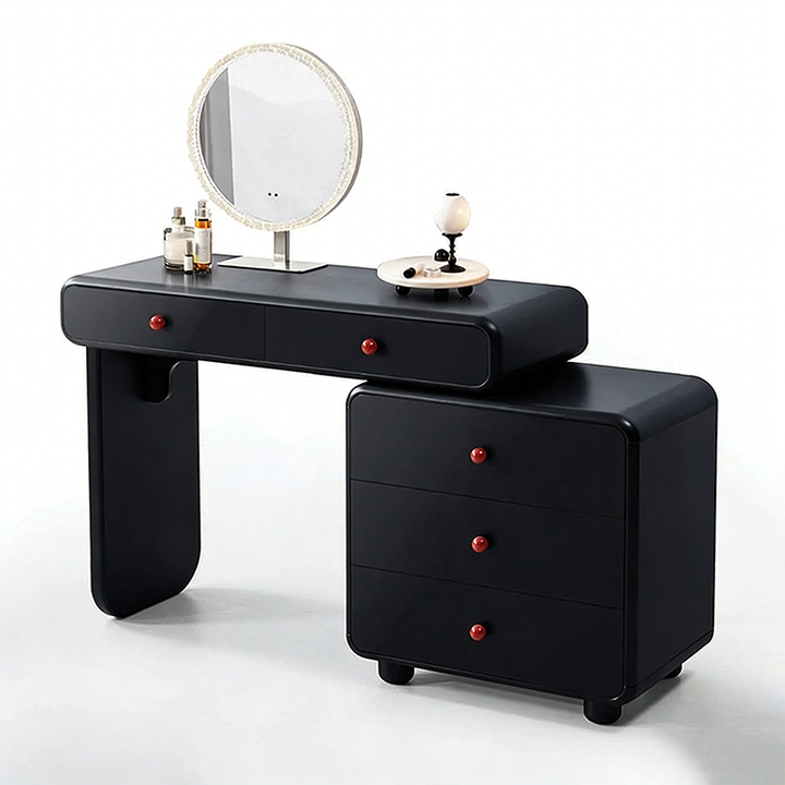Modern Minimalist Vanity Desk With Expandable Drawer Cabinet - MDF &amp; Solid Particle Board Makeup Vanity With 5 Drawer For Bedroom