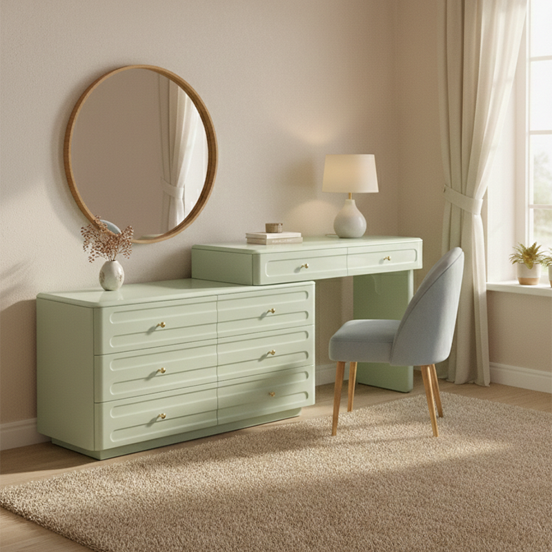 Coiffeuse extensible peu encombrante avec rangement - Coiffeuse maquillage moderne minimaliste en MDF et panneaux de particules solides avec 8 tiroirs pour chambre à coucher 