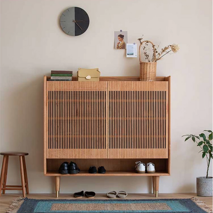 Rangement à chaussures rectangulaire contemporain en bois massif nordique avec 6 niveaux ventilés pour l’entrée et le salon 