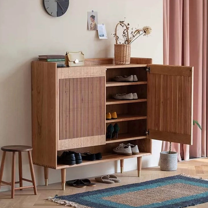 Rangement à chaussures rectangulaire contemporain en bois massif nordique avec 6 niveaux ventilés pour l’entrée et le salon 