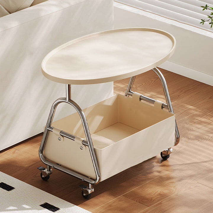 Modern Minimalist Stainless Steel &amp; MDF PU Leather Oval Mobile Sofa Side Table 2-Tier Storage Basket For Living Room
