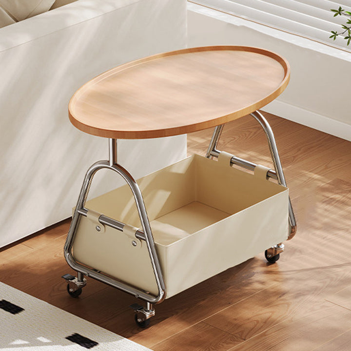 Modern Minimalist Stainless Steel &amp; MDF PU Leather Oval Mobile Sofa Side Table 2-Tier Storage Basket For Living Room
