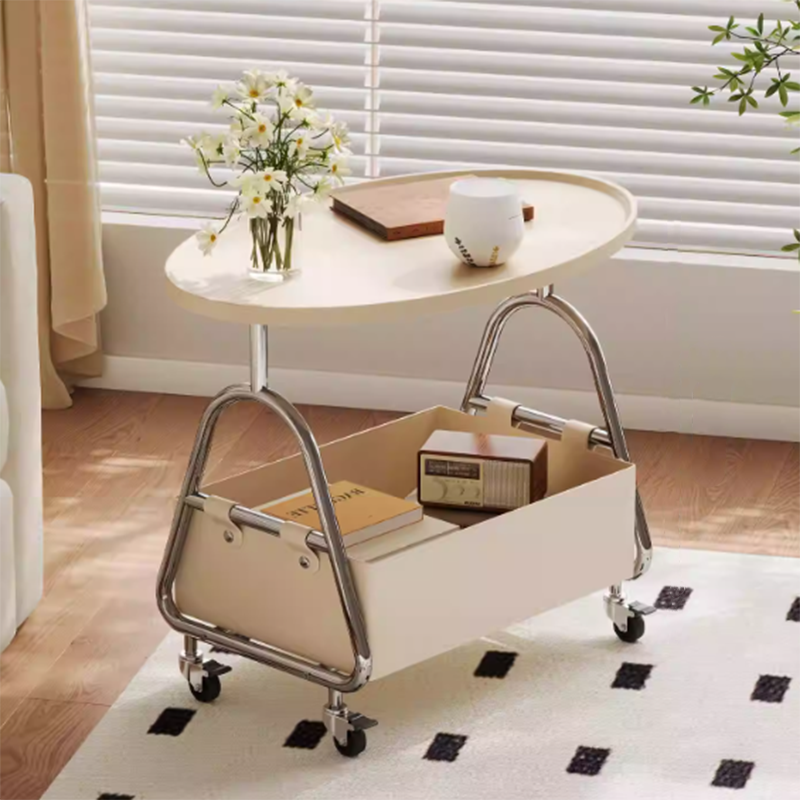 Modern Minimalist Stainless Steel &amp; MDF PU Leather Oval Mobile Sofa Side Table 2-Tier Storage Basket For Living Room