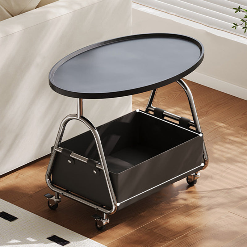 Modern Minimalist Stainless Steel &amp; MDF PU Leather Oval Mobile Sofa Side Table 2-Tier Storage Basket For Living Room