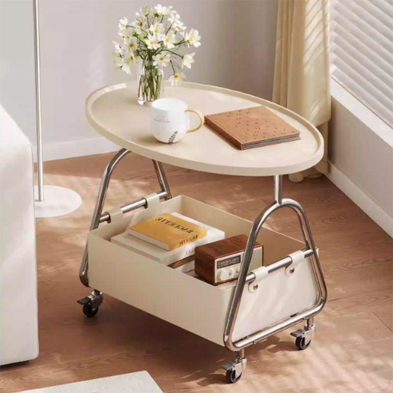 Modern Minimalist Stainless Steel &amp; MDF PU Leather Oval Mobile Sofa Side Table 2-Tier Storage Basket For Living Room
