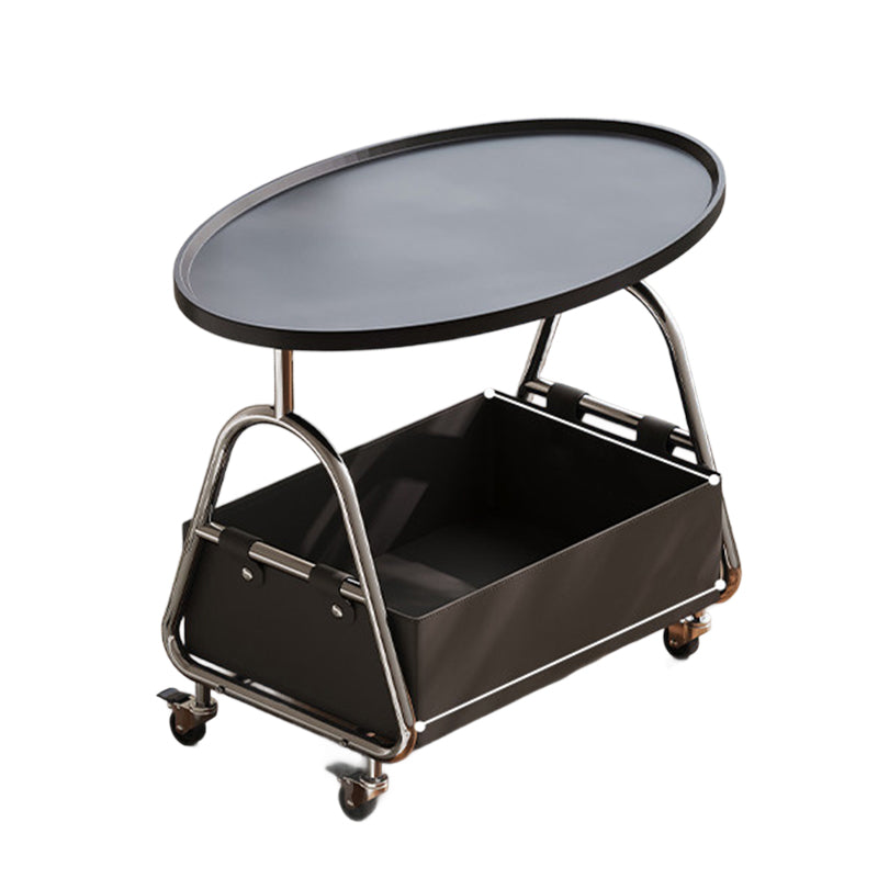 Modern Minimalist Stainless Steel &amp; MDF PU Leather Oval Mobile Sofa Side Table 2-Tier Storage Basket For Living Room