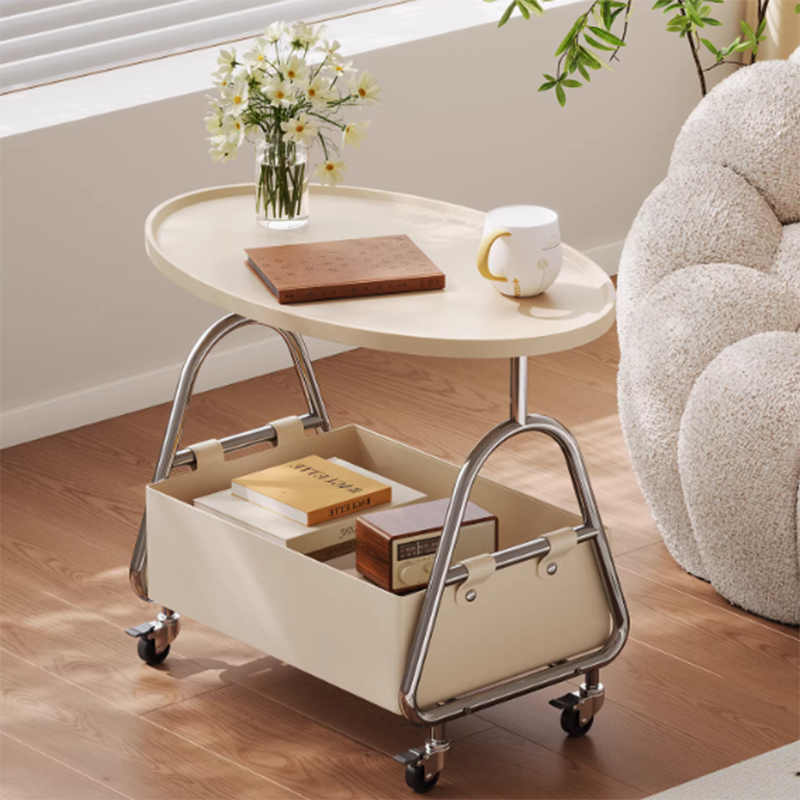 Modern Minimalist Stainless Steel &amp; MDF PU Leather Oval Mobile Sofa Side Table 2-Tier Storage Basket For Living Room