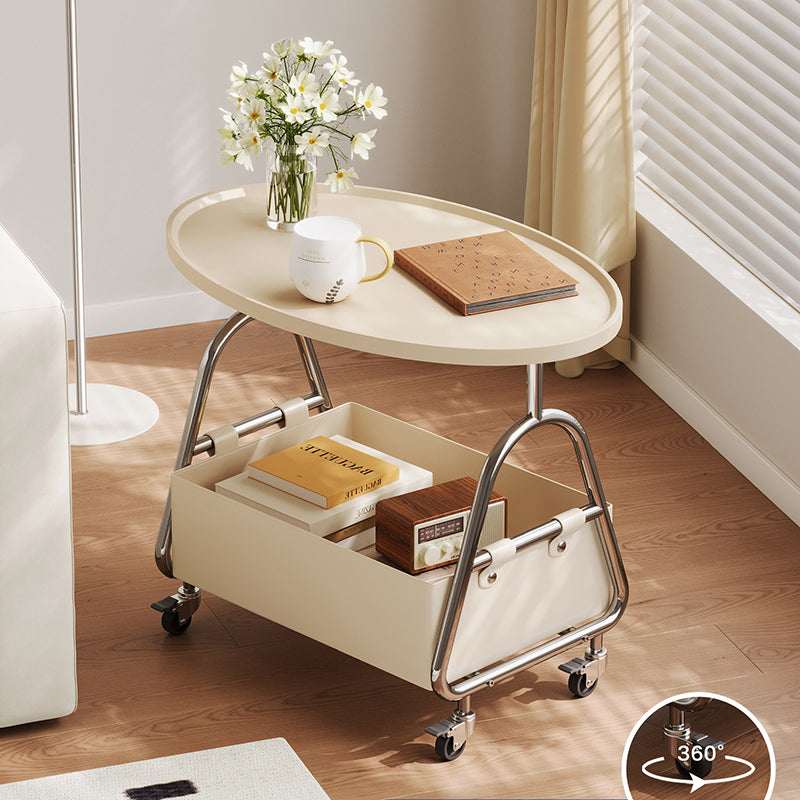 Modern Minimalist Stainless Steel &amp; MDF PU Leather Oval Mobile Sofa Side Table 2-Tier Storage Basket For Living Room