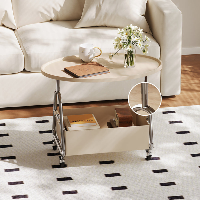 Modern Minimalist Stainless Steel &amp; MDF PU Leather Oval Mobile Sofa Side Table 2-Tier Storage Basket For Living Room