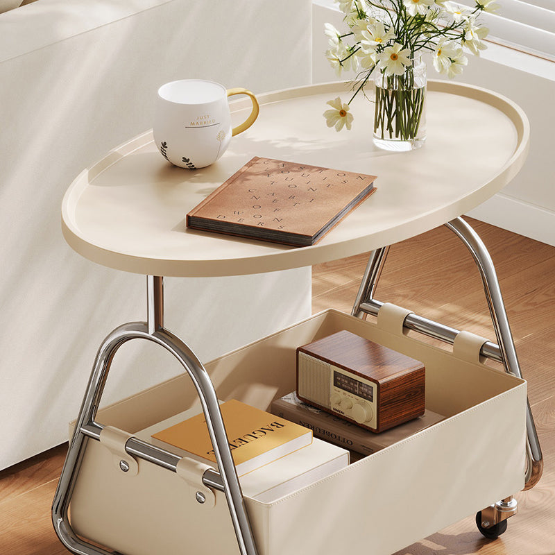 Modern Minimalist Stainless Steel &amp; MDF PU Leather Oval Mobile Sofa Side Table 2-Tier Storage Basket For Living Room