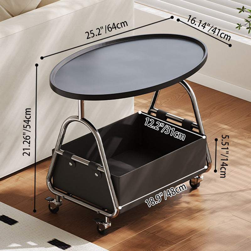 Modern Minimalist Stainless Steel &amp; MDF PU Leather Oval Mobile Sofa Side Table 2-Tier Storage Basket For Living Room