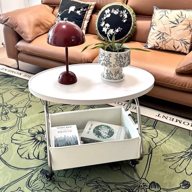 Modern Minimalist Stainless Steel &amp; MDF PU Leather Oval Mobile Sofa Side Table 2-Tier Storage Basket For Living Room