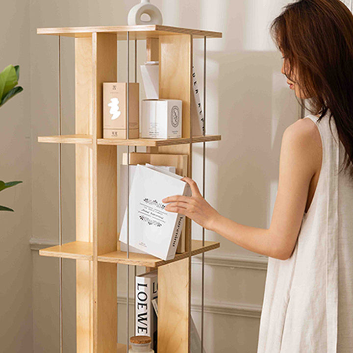 Moderner Minimalistischer Drehbarer Quadratischer Bücherregal mit Abgerundeten Kanten aus Birkenholz und Edelstahl mit 3/6-stufigem Aufbewahrungsorganisator für Wohnzimmer &amp; Home Office 