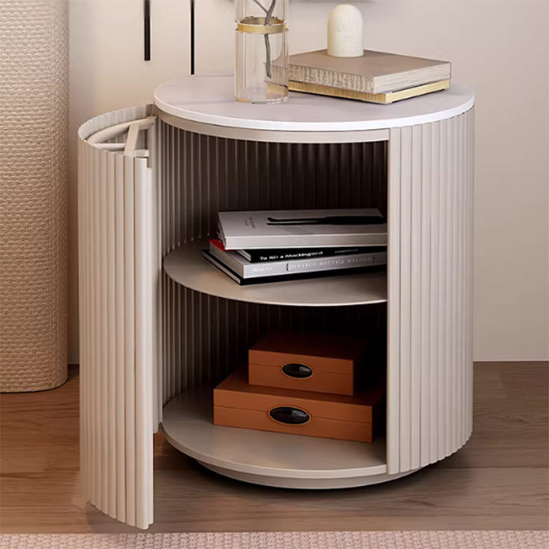 Table de chevet ronde à 3 niveaux en métal et acier au carbone, en pierre frittée japonaise traditionnelle, avec porte basculante de rangement pour chambre et salon 