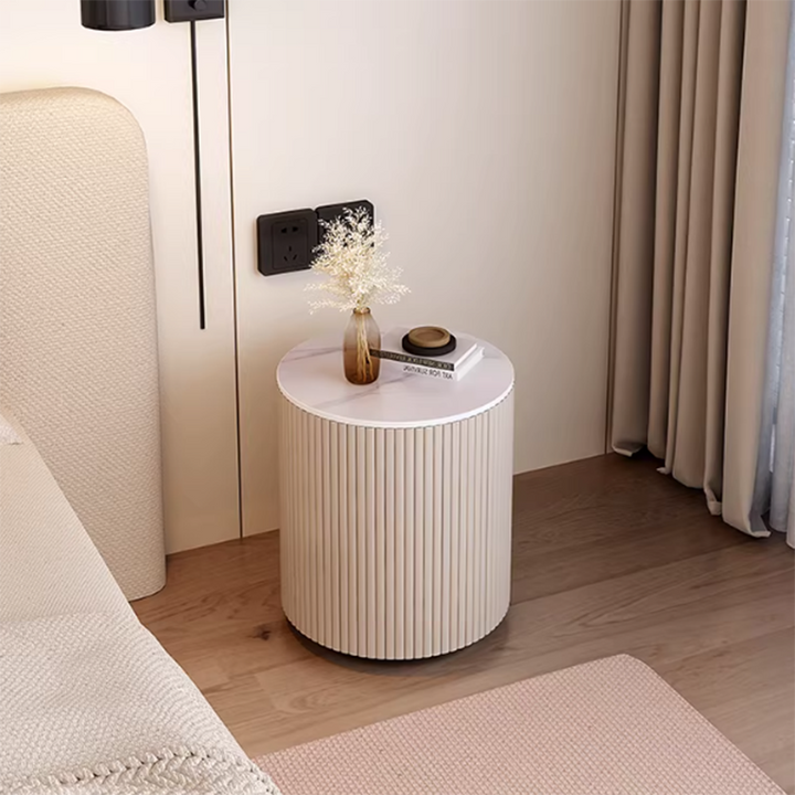Table de chevet ronde à 3 niveaux en métal et acier au carbone, en pierre frittée japonaise traditionnelle, avec porte basculante de rangement pour chambre et salon 