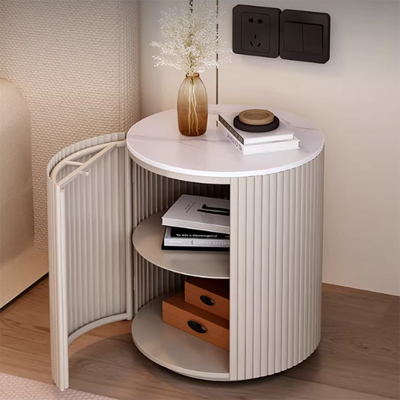 Table de chevet ronde à 3 niveaux en métal et acier au carbone, en pierre frittée japonaise traditionnelle, avec porte basculante de rangement pour chambre et salon 