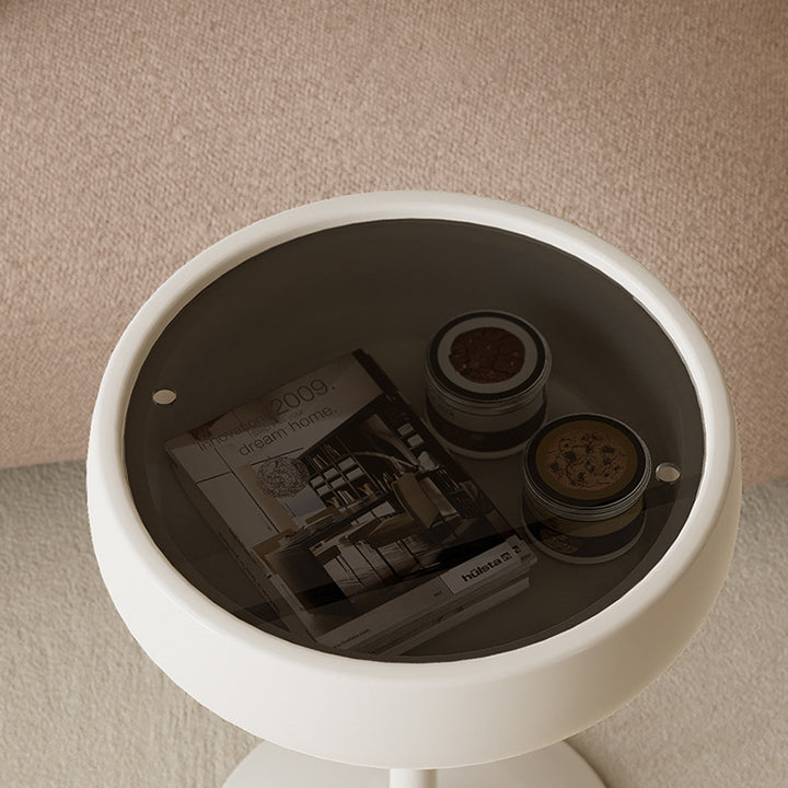 Contemporary Creative Fiberglass Wine Glass Shape Round Side Table With Tempered Glass Top 2-Tier Storage For Living Room &amp; Bedroom
