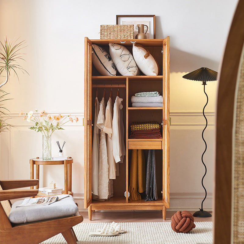 Armoire rectangulaire en rotin naturel tressé traditionnel japonais, bois de frêne et contreplaqué, avec rangement à 5 niveaux et barre de penderie pour chambre à coucher 