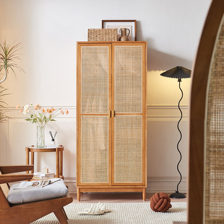 Traditional Japanese Natural Rattan Weaving Ash Wood & Plywood Rectangular Wardrobe With 5-Tier Storage & Hanging Rod For Bedroom