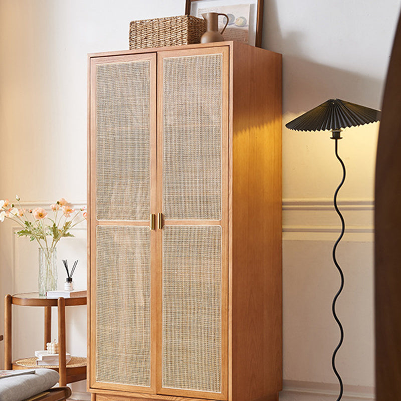 Armoire rectangulaire en rotin naturel tressé traditionnel japonais, bois de frêne et contreplaqué, avec rangement à 5 niveaux et barre de penderie pour chambre à coucher 