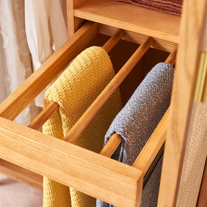 Armoire rectangulaire en rotin naturel tressé traditionnel japonais, bois de frêne et contreplaqué, avec rangement à 5 niveaux et barre de penderie pour chambre à coucher 