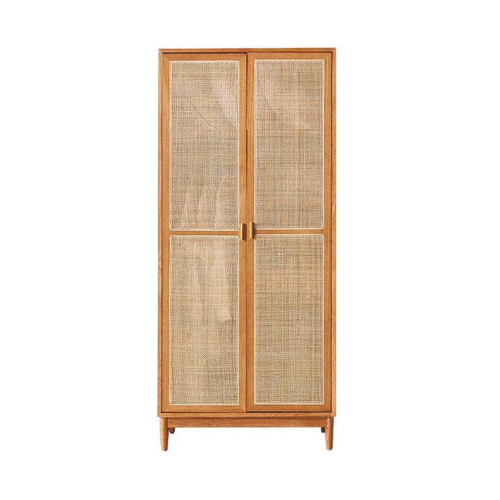 Armoire rectangulaire en rotin naturel tressé traditionnel japonais, bois de frêne et contreplaqué, avec rangement à 5 niveaux et barre de penderie pour chambre à coucher 