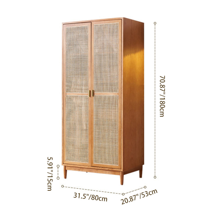 Traditional Japanese Natural Rattan Weaving Ash Wood & Plywood Rectangular Wardrobe With 5-Tier Storage & Hanging Rod For Bedroom