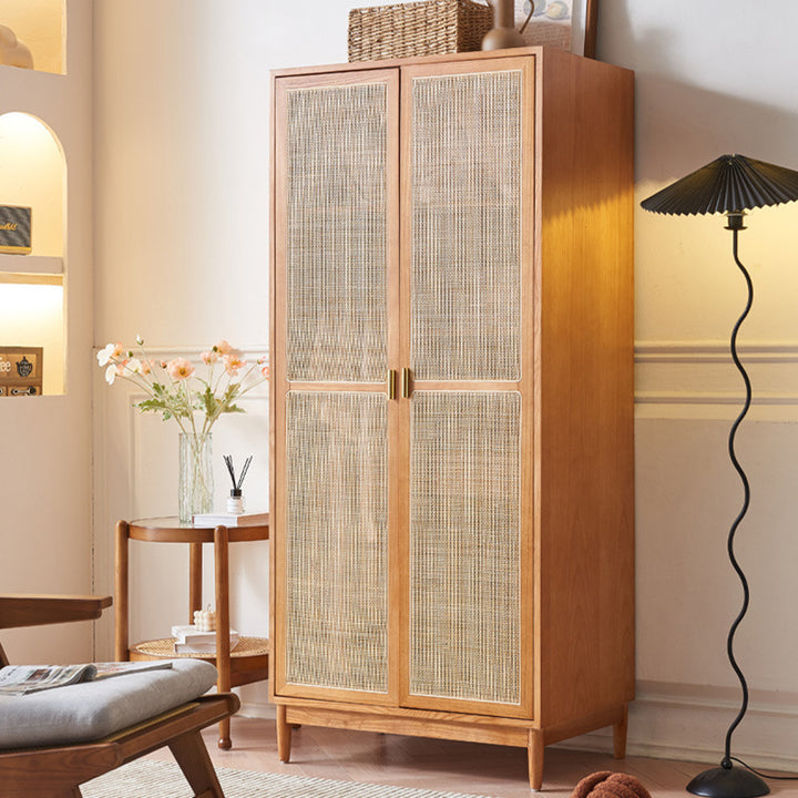 Traditional Japanese Natural Rattan Weaving Ash Wood & Plywood Rectangular Wardrobe With 5-Tier Storage & Hanging Rod For Bedroom