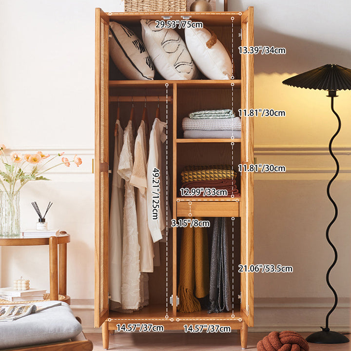 Armoire rectangulaire en rotin naturel tressé traditionnel japonais, bois de frêne et contreplaqué, avec rangement à 5 niveaux et barre de penderie pour chambre à coucher 