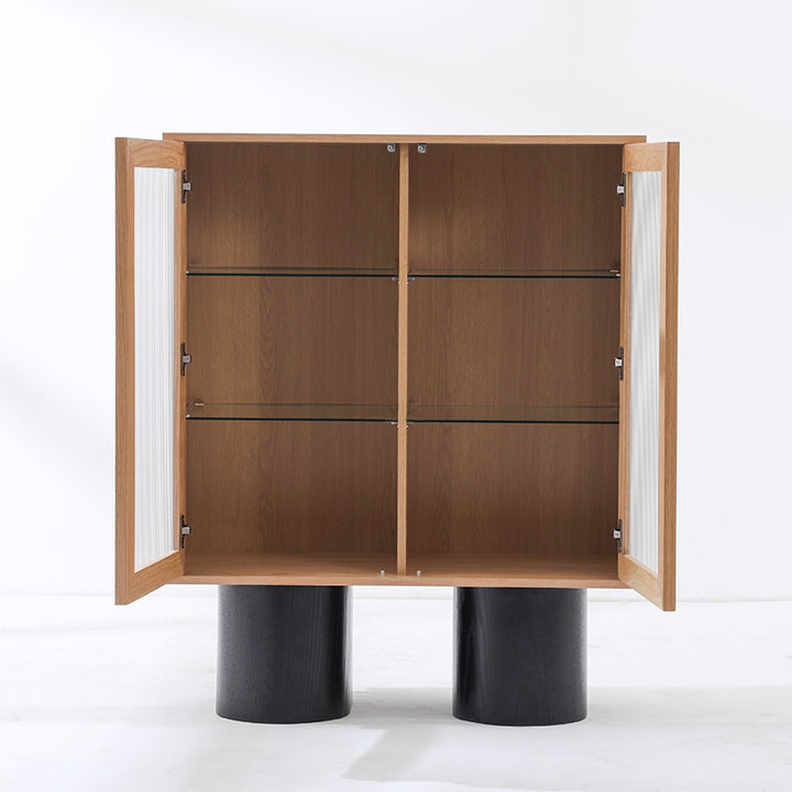Armoire de rangement rectangulaire contemporaine en MDF plaqué chêne nordique avec verre trempé, à 4 niveaux, pour salon 