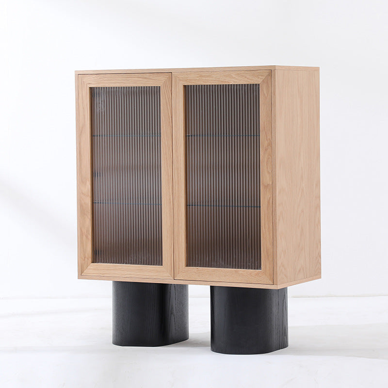 Armoire de rangement rectangulaire contemporaine en MDF plaqué chêne nordique avec verre trempé, à 4 niveaux, pour salon 