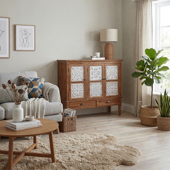 Armoire de rangement rectangulaire à motif en fer traditionnel français en bois massif et MDF avec 3/4 niveaux pour salon 