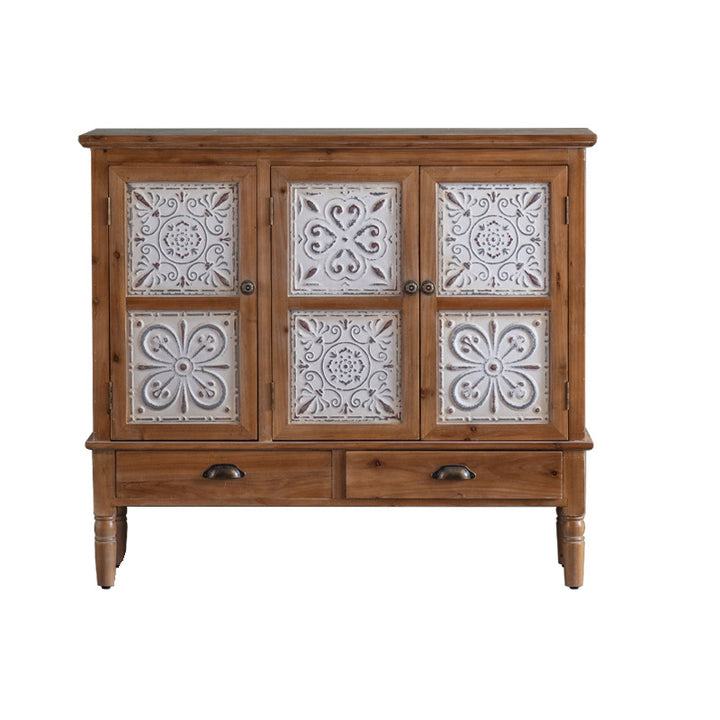Traditional French Iron Solid Wood &amp; MDF Rectangular Patterned Storage Cabinet With 2/3-Tier For Living Room