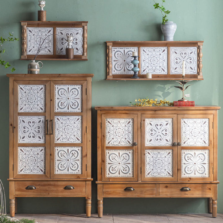 Armoire de rangement rectangulaire à motif en fer traditionnel français en bois massif et MDF avec 3/4 niveaux pour salon 