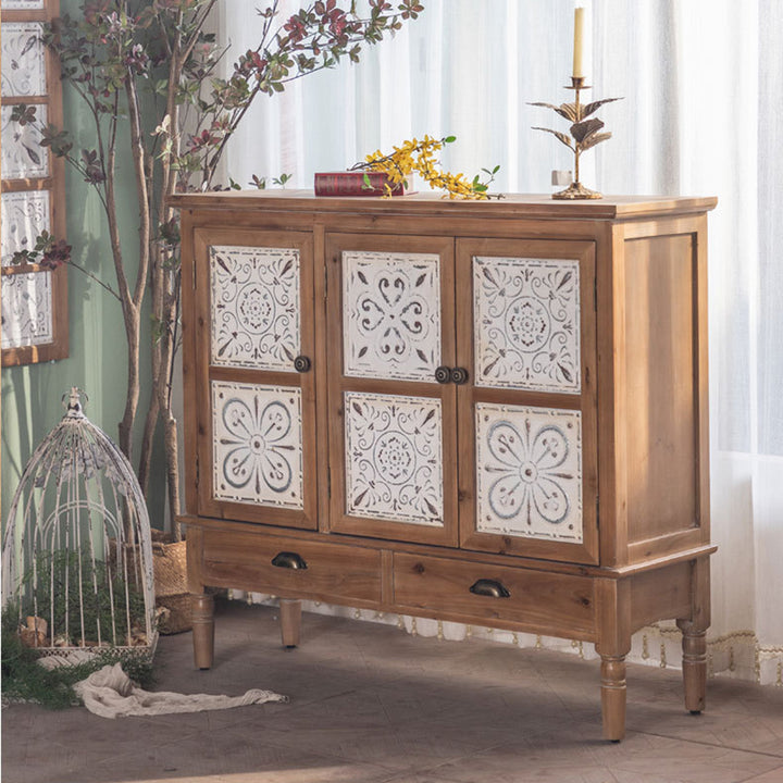 Traditional French Iron Solid Wood &amp; MDF Rectangular Patterned Storage Cabinet With 2/3-Tier For Living Room
