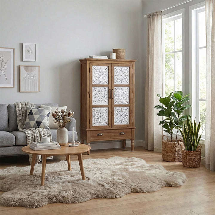 Armoire de rangement rectangulaire à motif en fer traditionnel français en bois massif et MDF avec 3/4 niveaux pour salon 