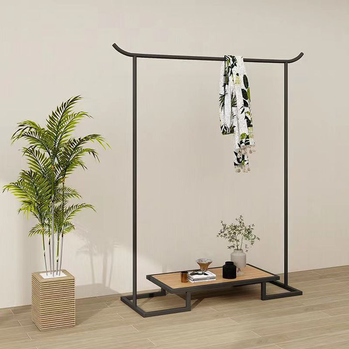 Perchero rectangular de hierro y contrachapado de estilo minimalista moderno con 1 nivel para almacenamiento de ropa en el dormitorio 