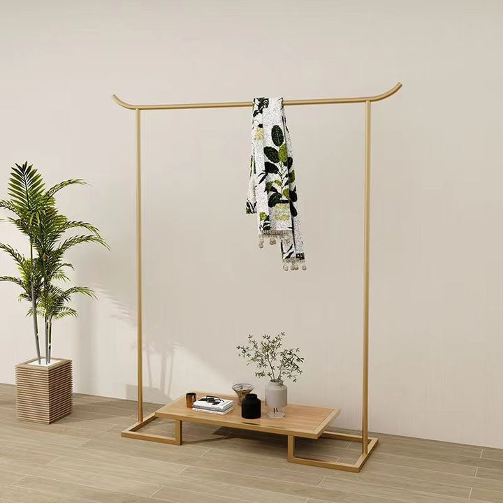 Perchero rectangular de hierro y contrachapado de estilo minimalista moderno con 1 nivel para almacenamiento de ropa en el dormitorio 