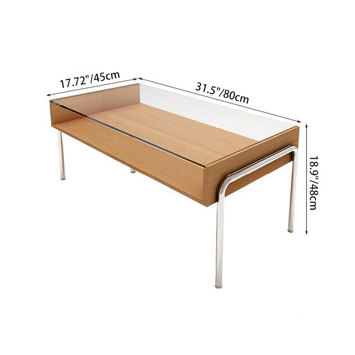 Moderner minimalistischer rechteckiger Couchtisch aus Massivholz, gehärtetem Glas & Edelstahl, 2 Ebenen, für das Wohnzimmer 